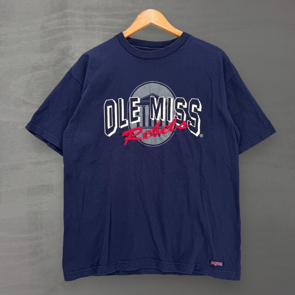 Vintage Ole Miss Rebels T Shirt Navy Blue Embroidered Graphic Made in USA Large
